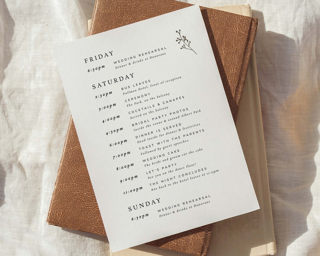 Printable Wedding Weekend Itinerary Template, Wedding Timeline Digital ...