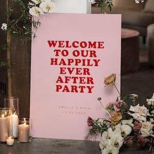 Happily Ever After Party-welkomstbord, roze en rood bordsjabloon bruiloft, afdrukbaar bord bruiloftreceptie downloaden, liefje