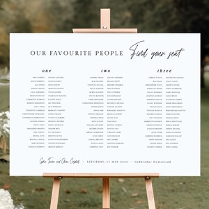Modello di tabella dei posti a sedere stampabile per tavoli lunghi, piano del tavolo del banchetto, cartello per matrimonio "Our Favourite People", download digitale, #Hera