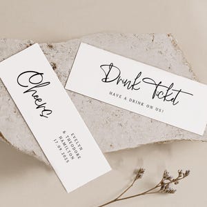 Plantilla de ficha para bebida de boda imprimible, boleto de bebida gratis, cupón de bebida de recepción, ficha de bebida por cuenta nuestra, descarga digital, #Devoted