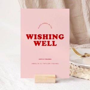 Download de placa de poço de desejos de casamento, modelo de placa de recepção de casamento para impressão, decoração de casamento moderna, rosa e vermelho, coisa doce