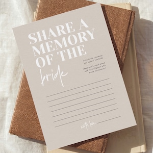 Share A Memory Of The Bride, beige spelsjabloon vrijgezellenfeest, Memory With The Bride-kaartdownload, #Bonded By Love