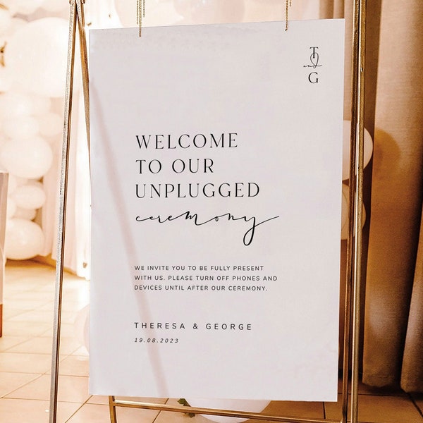Modèle de plaque de cérémonie débranchée, plaque de bienvenue de mariage moderne imprimable, plaque Unplugged, signalisation de mariage minimaliste, monogramme