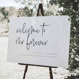 Sjabloon modern welkomstbord bruiloft, Welcome To Our Forever-bord, afdrukbare trouwborden, ceremoniebord, geliefden