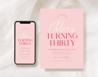 30th Birthday Party Invitation Digital, Thirty Birthday Invitation Template, Modern Birthday Invites, Digital Download, Pretty in Pink