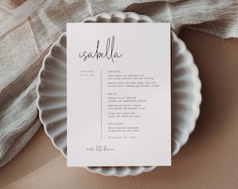 Modern Wedding Menu Template, Printable Menu Name Card, Editable Menu Design, Templett, Digtal Download, Lovers