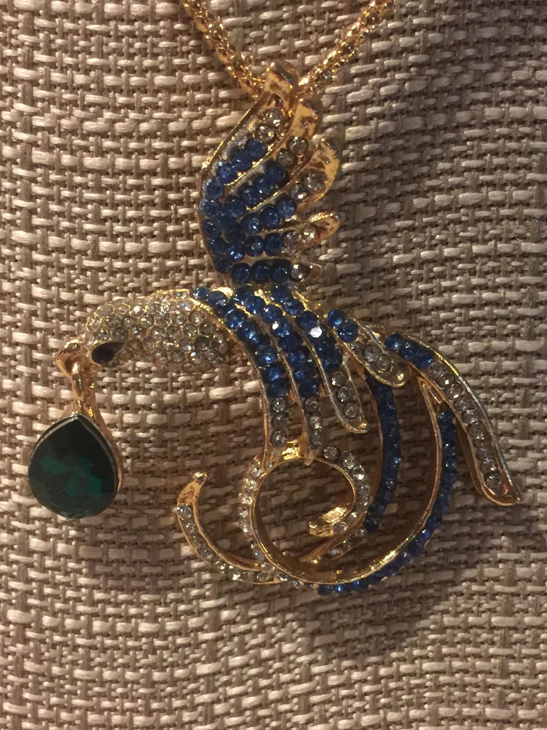 Bird 24 Gold Braid Chain Free Shipping Blue /& Green Crystals PHOENIX Pendant Necklace 2.5 x 2.25 Pendant Aviary