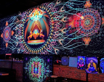 Fluoreszierender Schwarzlicht Psychedelischer Wandbehang, Trippy Psytrance Glow UV Aktiver Wandbehang, Spirituelle Fraktal Wandkunst, Acid Neon Deko