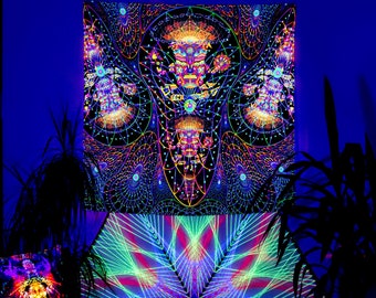 Tapiz de hongos, arte mural con luz ultravioleta, arte con luz negra, tapiz de neón, tapiz de festival, arte mural psicodélico, arte espiritual