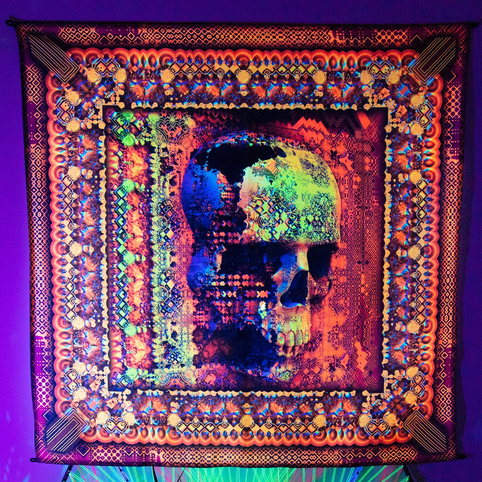 UV  psychedelic blacklight  Backdrop SACRAL SCULL Blacklight trippy sculls Esoteric art Spiritual Tapestry Chakra balancing Fabric Poster