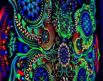 May include: A black background with a colourful psychedelic design featuring a butterfly with intricate patterns in shades of green, blue, red, and orange.