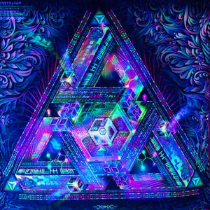 Peut inclure: Un motif triangulaire abstrait psych&eacute;d&eacute;lique aux couleurs n&eacute;on avec un motif r&eacute;p&eacute;titif de formes g&eacute;om&eacute;triques et de texte. Le motif est sur un fond bleu fonc&eacute; avec des motifs floraux.