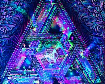 Peut inclure: Un motif triangulaire abstrait psychédélique aux couleurs néon avec un motif répétitif de formes géométriques et de texte. Le motif est sur un fond bleu foncé avec des motifs floraux.