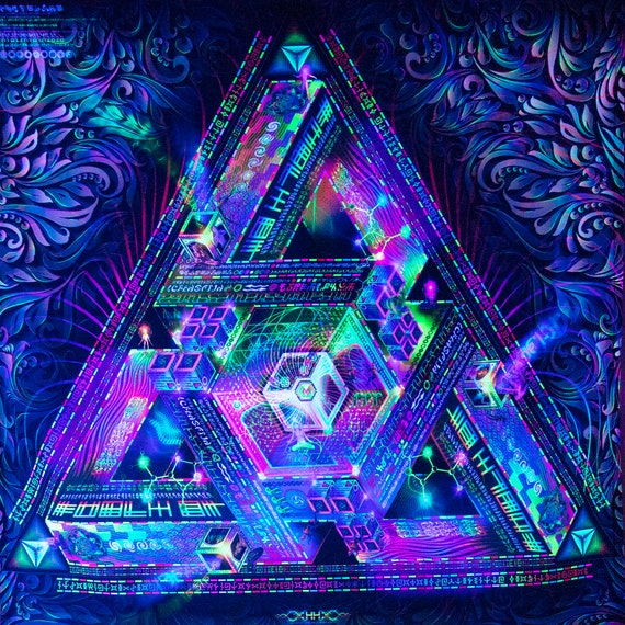 Fractal Trippy Decor, Psychedelic UV Tapestry, Surreal Painting, Blacklight Decor, Spiritual Gift, Boho Room Decor, Psytrance Tapestry