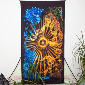 May include: A tapestry with a psychedelic design featuring a blue water spirit, a red fire spirit, and a green earth spirit. The spirits are surrounded by a golden sun with rays of light. The tapestry is on a white wall.