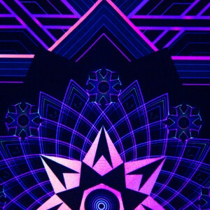 May include: Abstract digital art with a geometric design. The image features a symmetrical pattern in shades of blue, purple, and pink. The design includes star-like shapes and linear elements, creating a futuristic aesthetic.