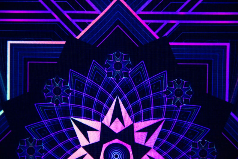 May include: Abstract digital art with a geometric design. The image features a symmetrical pattern in shades of blue, purple, and pink. The design includes star-like shapes and linear elements, creating a futuristic aesthetic.