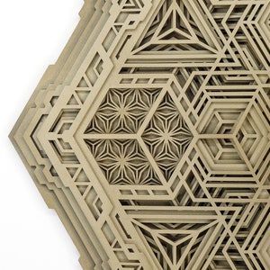 May include: A layered geometric design with intricate cutouts, creating a 3D effect. The design is made of a light brown material and has a hexagonal shape.