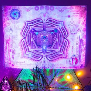 Chakra Wall Art, Yoga Backdrop, Meditation Visionary Wall Art, Hippie Gift, Yoga Wall Deco, Trippy Gift, UV Active Tapestry, Healing Art