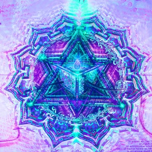 May include: A colorful abstract mandala with a geometric design in shades of purple, blue, and green. The mandala is surrounded by a white background with faint lines and text.