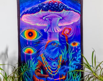 Mushroom Tapestry, Festival UV Backdrop, Hippie Wall Decor, Psy Trance Art, Psychedelic Wall Hanging, Fluorescent Decor, Trippy UV Tapestry