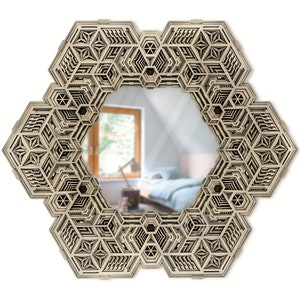 May include: A hexagonal wooden mirror with a geometric design. The mirror has a beveled edge and a clear reflection. The design is intricate and detailed, with a repeating pattern of squares and triangles.