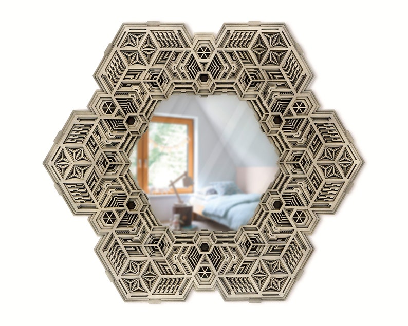 May include: A hexagonal wooden mirror with a geometric design. The mirror has a beveled edge and a clear reflection. The design is intricate and detailed, with a repeating pattern of squares and triangles.