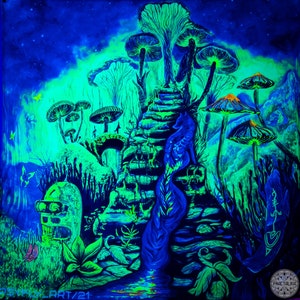 May include: A psychedelic blacklight painting of a forest scene with glowing mushrooms, a blue wolf, and a stone staircase. The painting is done in shades of green, blue, and purple.