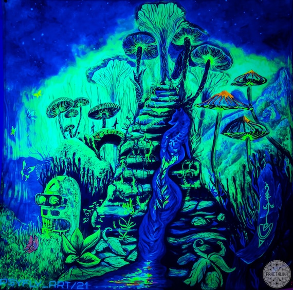 Mushroom Art Backdrop, Hippie Wall Decor, Psychedelic Art, Unusual Wall Hanging, Hippie Gift, Yoga Decor, Trippy UV Tapestry, Yoga Home Art