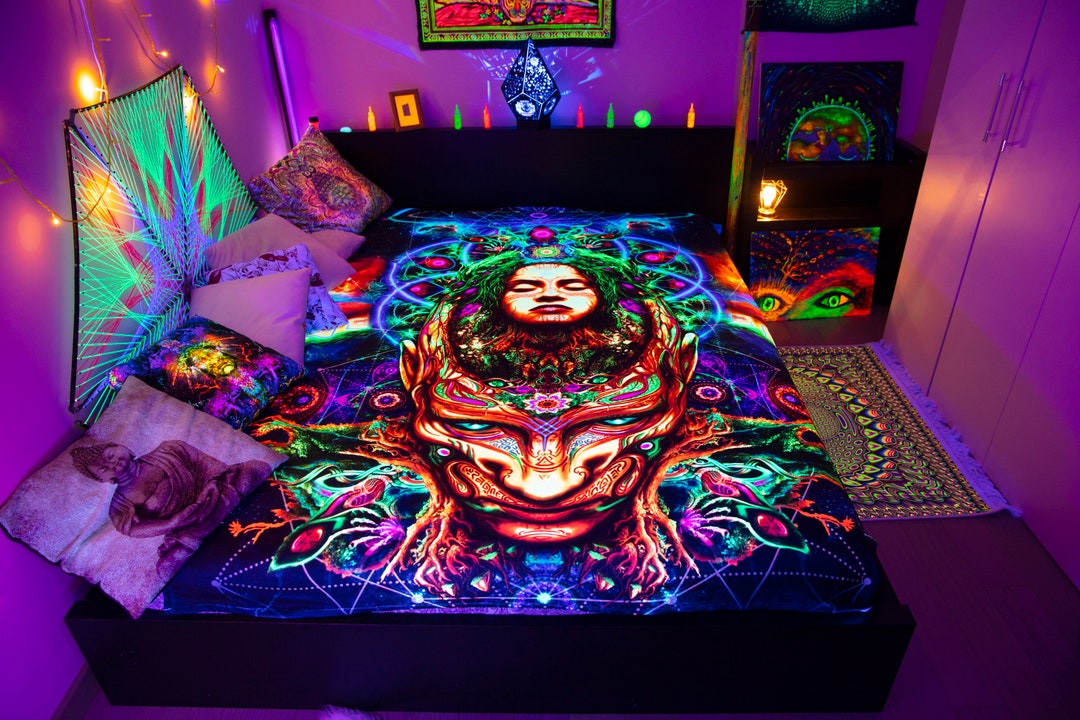 Blacklight Bedsheet, Bedspread Ethnic, Custom Blanket, Fleece Blanket, Blanket Ladder