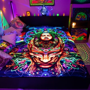 Blacklight Bedsheet, Bedspread Ethnic, Custom Blanket, Fleece Blanket, Blanket Ladder, Psychedelic Home Decor, Neon Bedding, Hippie Bedding