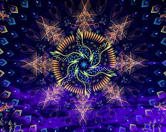 Mandala Psytrance Party Backdrop, Fractal Tapestry, UV Art