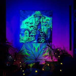 May include: A blacklight poster with a psychedelic design of glowing green mushrooms and a staircase leading up to a glowing blue sky. The poster is hanging on a wall in a room with a blacklight.