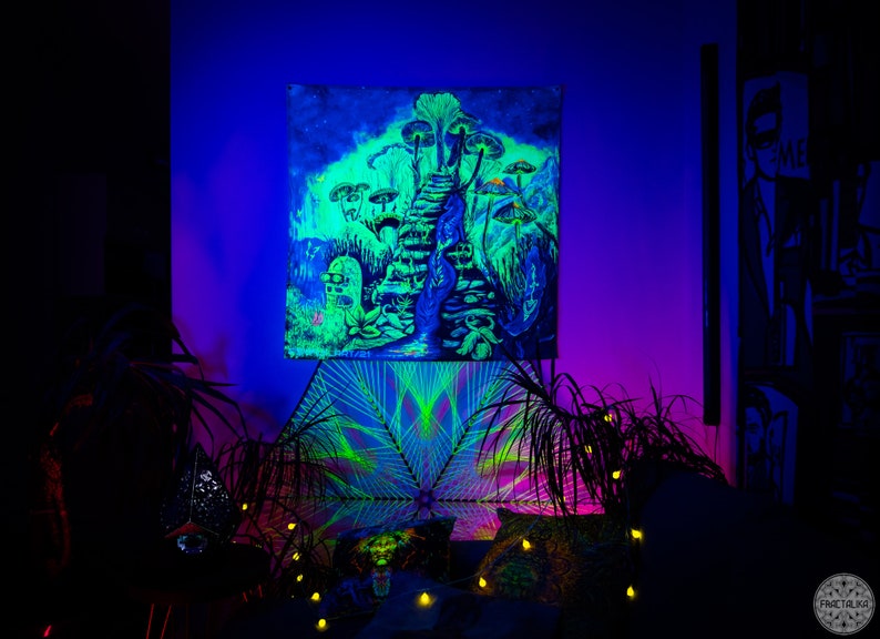 May include: A blacklight poster with a psychedelic design of glowing green mushrooms and a staircase leading up to a glowing blue sky. The poster is hanging on a wall in a room with a blacklight.