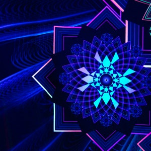 May include: Abstract digital art featuring geometric shapes in shades of blue, teal, and purple. The design includes symmetrical floral patterns and angular elements, creating a vibrant and modern aesthetic. The background is a deep navy blue.