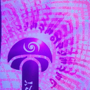 Puede incluir: Una tela morada y blanca con un dise&ntilde;o de hongo. El hongo tiene un dise&ntilde;o de espiral en la parte superior y el texto "Shroom Queens" est&aacute; impreso en la tela.