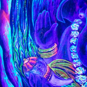May include: A vibrant, abstract painting of a Hindu deity, possibly Ganesha, with a blue and purple color scheme. The deity is depicted with an elephant head and a human body, and is adorned with intricate details and floral patterns.