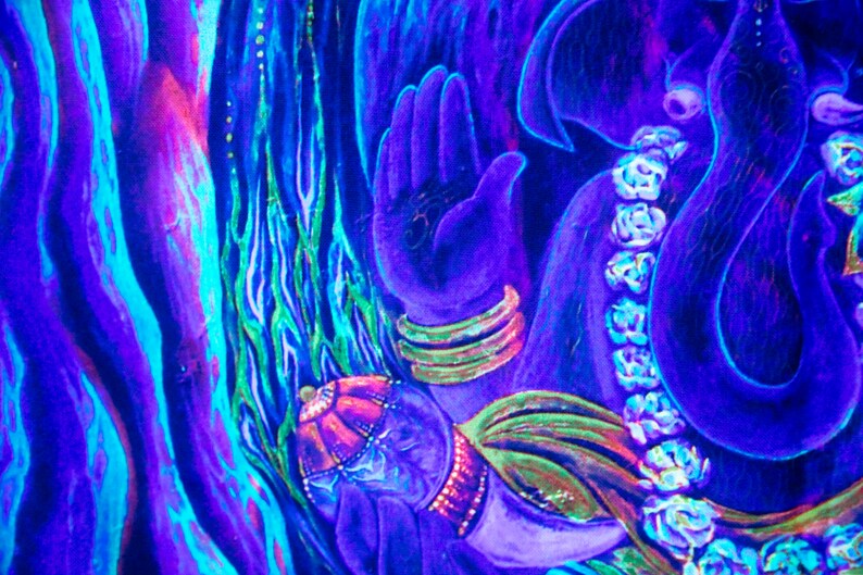 May include: A vibrant, abstract painting of a Hindu deity, possibly Ganesha, with a blue and purple color scheme. The deity is depicted with an elephant head and a human body, and is adorned with intricate details and floral patterns.