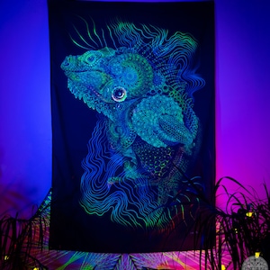 スピリチュアルな動物の絵、イグアナの背景、サイケデリックな UV 背景、ヒッピーの室内装飾、難解な蛍光装飾、神聖な動物のタペストリー