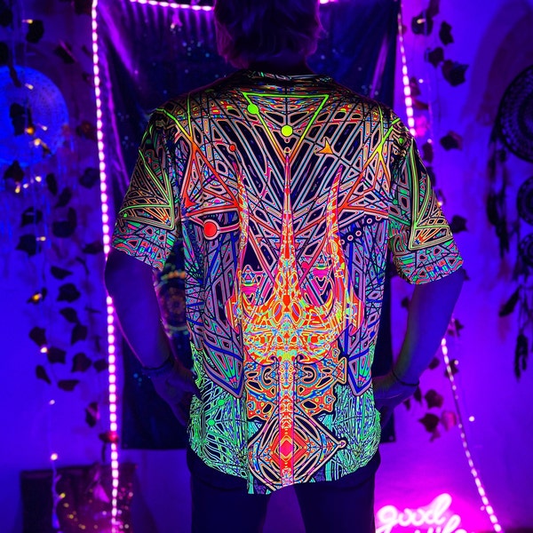 T-shirt psychédélique, tenue de festival de psytrance, t-shirt mandala, vêtements fluorescents, chemise trippy, T-shirt trippy homme, vêtements de géométrie sacrée