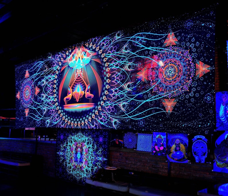 Fluorescent Blacklight Art Tapestry Wallart Psytrance Glow UV Active Wall Hanging Fluorescent Fractal Art Acid Neon Shamanic Spiritual 