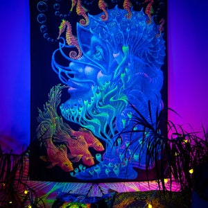 スピリチュアルなタペストリー、サイケデリックなアートプリント、魔法の動物のタペストリー、サイケデリックなアート、トリッピーな部屋の装飾、UV ブラックライトの背景