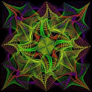 May include: Abstract geometric design with overlapping lines in shades of green, yellow, purple, and red on a black background.