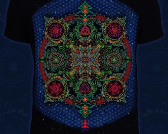 Glow in The Dark and UV T-Shirt for Men, Fluorescent Psytrance Tee, Festival Outfit, Black T-Shirt With Mandala, Blacklight and Neon Active