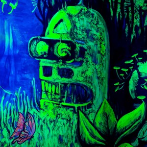 May include: A green and blue abstract painting with a robot-like figure in the center. The figure has a large head with a skull-like face and a pair of goggles. The background is a dark blue with green and white accents.