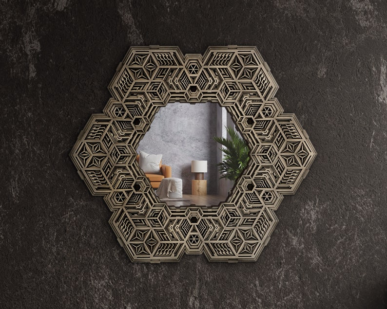 May include: A hexagonal mirror with a geometric, intricate design carved into the frame. The mirror reflects a room with a couch, a plant, and a lamp.