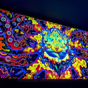 Trippy Outdoor Tapestry, Ganesh Wall Art, Fluorescent Tapestry, UV Reactive Backdrop, Blacklight Active, Psychedelic Festival UV Banner