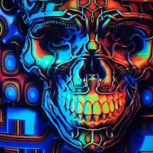 May include: A neon blue, green and orange skull with a detailed, intricate design. The skull is set against a background of geometric shapes and patterns.