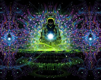 Op de afbeelding: Een digitale kunstprint met een gekapte figuur die mediteert in een kleurrijke, psychedelische mandala. De figuur wordt omringd door draaiende patronen en felle kleuren, wat een levendig en ingewikkeld ontwerp creëert.