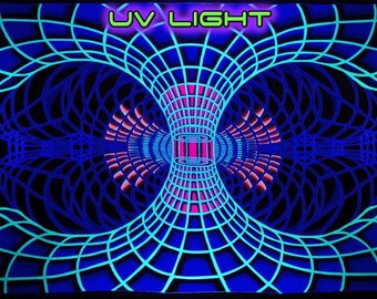 Fondo de luz negra Tapiz UV Psytrance Colgante de pared Arte psicodélico Meditación Pintura fractal visionaria Batik hecho a mano Espiritual